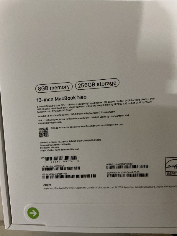 Photo 1 of Apple 2026 MacBook Neo 13-inch Laptop with A18 Pro chip: Built for AI and Apple Intelligence, Liquid Retina Display, 8GB Unified Memory, 256GB SSD Storage, 1080p FaceTime HD Camera; Indigo