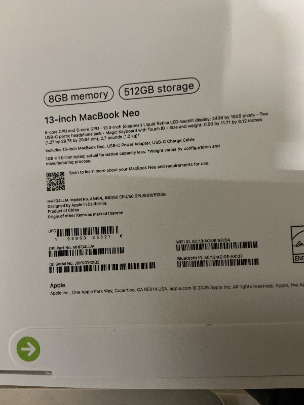 Photo 1 of Apple 2026 MacBook Neo 13-inch Laptop with A18 Pro chip: Built for AI and Apple Intelligence, Liquid Retina Display, 8GB Unified Memory, 512GB SSD Storage, 1080p FaceTime HD Camera, Touch ID; Indigo