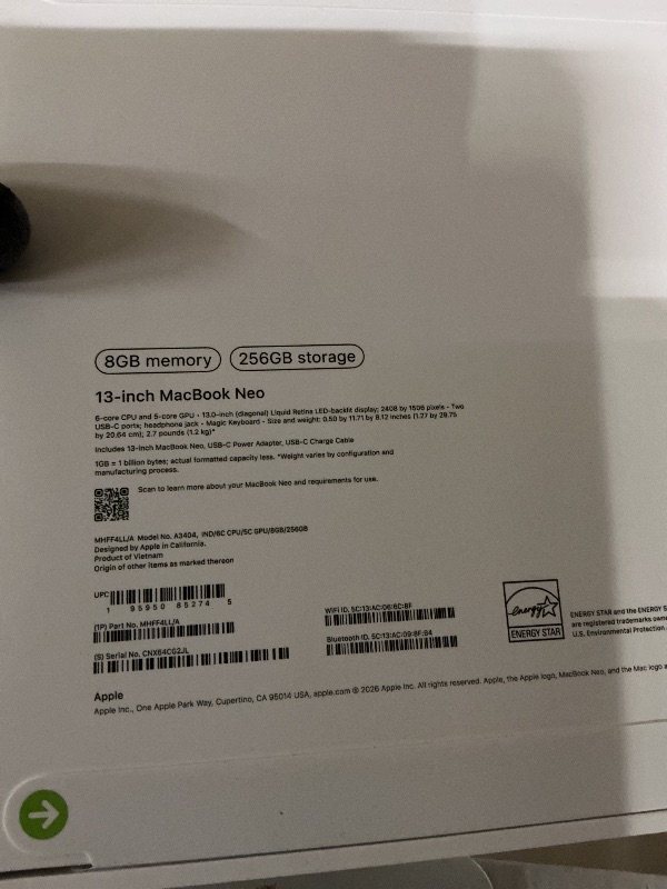 Photo 1 of Apple 2026 MacBook Neo 13-inch Laptop with A18 Pro chip: Built for AI and Apple Intelligence, Liquid Retina Display, 8GB Unified Memory, 256GB SSD Storage, 1080p FaceTime HD Camera; Indigo