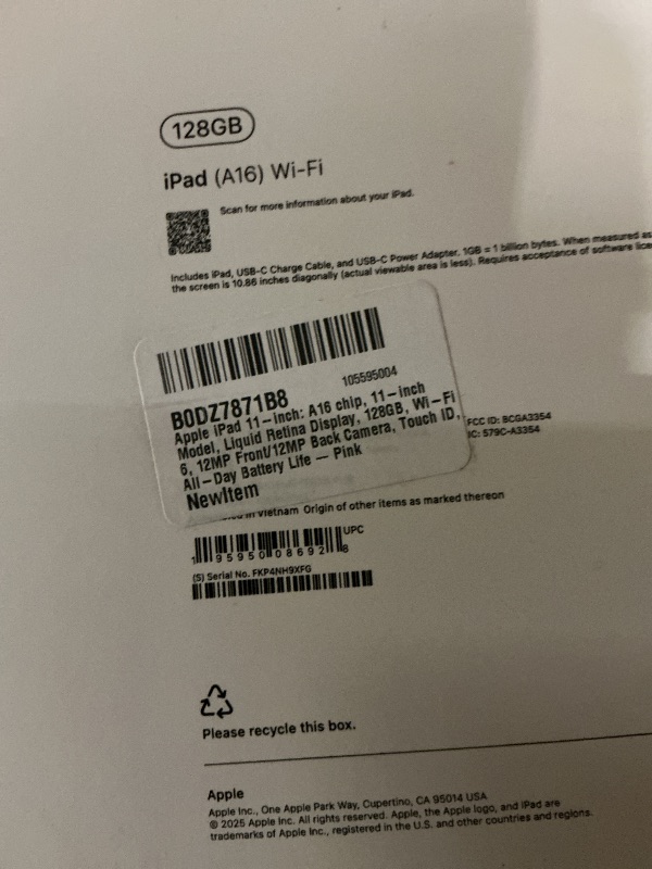 Photo 1 of Apple iPad 11-inch: A16 chip, 11-inch Model, Liquid Retina Display, 128GB, Wi-Fi 6, 12MP Front/12MP Back Camera, Touch ID, All-Day Battery Life — Pink