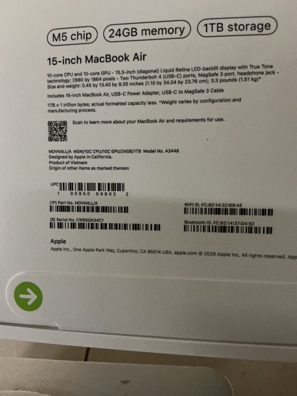 Photo 1 of Apple 2026 MacBook Air 15-inch Laptop with M5 chip: Built for AI, 15.3-inch Liquid Retina Display, 24GB Unified Memory, 1TB SSD, 12MP Center Stage Camera, Touch ID, Wi-Fi 7; Midnight