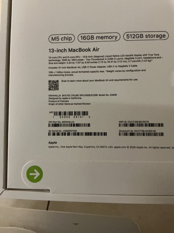 Photo 1 of Apple 2026 MacBook Air 13-inch Laptop with M5 chip: Built for AI, 13.6-inch Liquid Retina Display, 16GB Unified Memory, 512GB SSD, 12MP Center Stage Camera, Touch ID, Wi-Fi 7; Sky Blue