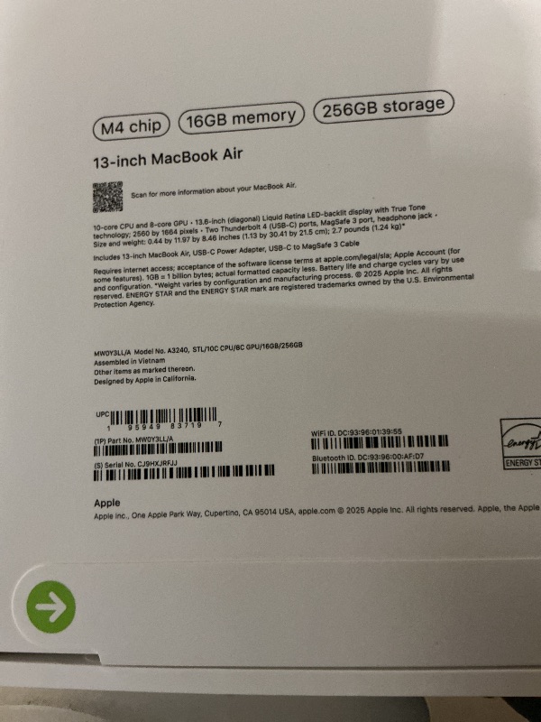 Photo 1 of Apple 2025 MacBook Air 13-inch Laptop with M4 chip: Built for Apple Intelligence, 13.6-inch Liquid Retina Display, 16GB Unified Memory, 256GB SSD Storage, 12MP Center Stage Camera, Touch ID; Starlight