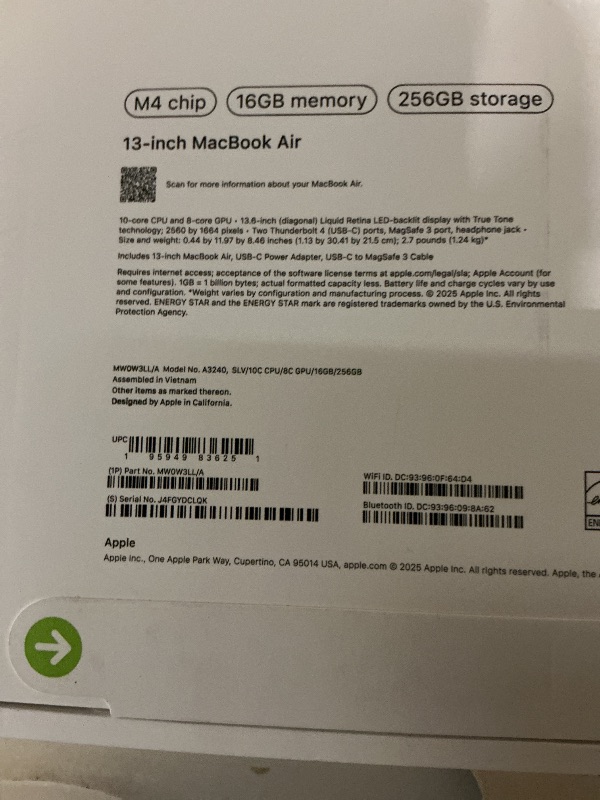 Photo 1 of Apple 2025 MacBook Air 13-inch Laptop with M4 chip: Built for Apple Intelligence, 13.6-inch Liquid Retina Display, 16GB Unified Memory, 256GB SSD Storage, 12MP Center Stage Camera, Touch ID; Silver