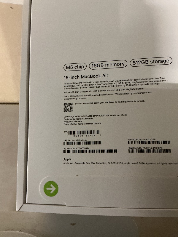 Photo 1 of Apple 2026 MacBook Air 15-inch Laptop with M5 chip: Built for AI, 15.3-inch Liquid Retina Display, 16GB Unified Memory, 512GB SSD, 12MP Center Stage Camera, Touch ID, Wi-Fi 7; Midnight
