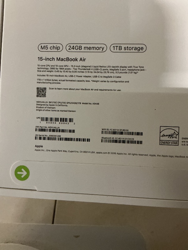 Photo 1 of Apple 2026 MacBook Air 15-inch Laptop with M5 chip: Built for AI, 15.3-inch Liquid Retina Display, 24GB Unified Memory, 1TB SSD, 12MP Center Stage Camera, Touch ID, Wi-Fi 7; Sky Blue