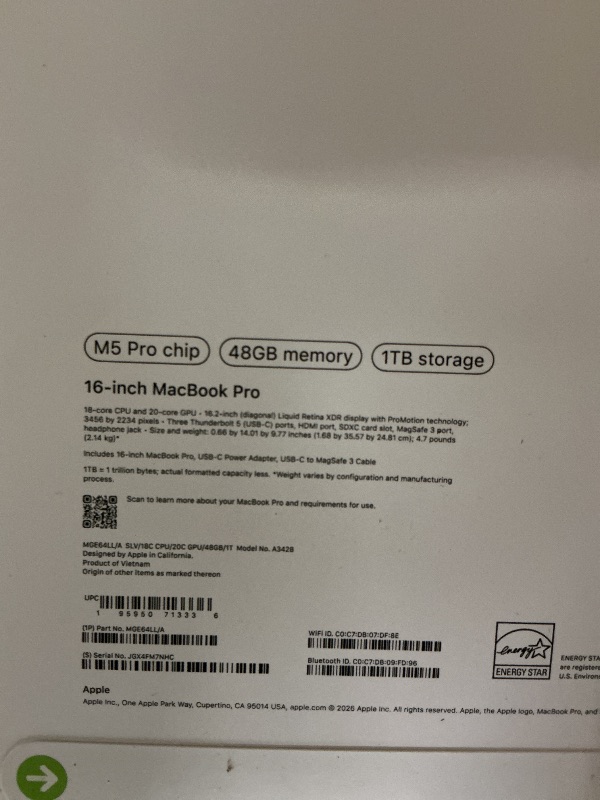 Photo 1 of Apple 2026 MacBook Pro Laptop with Apple M5 Pro chip with 18-core CPU and 20-core GPU: Built for AI, 16.2-inch Liquid Retina XDR Display, 48GB Unified Memory, 1TB SSD, Wi-Fi 7; Silver