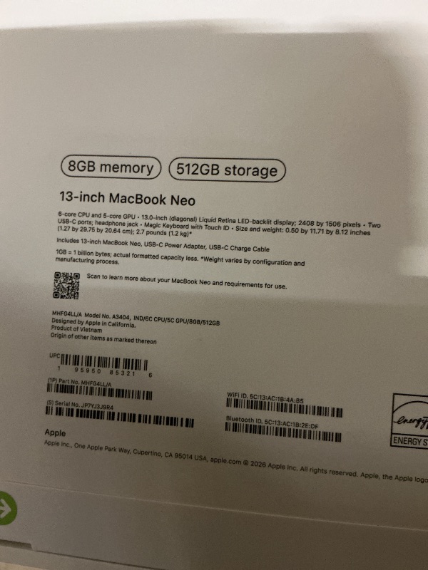 Photo 1 of Apple 2026 MacBook Neo 13-inch Laptop with A18 Pro chip: Built for AI and Apple Intelligence, Liquid Retina Display, 8GB Unified Memory, 512GB SSD Storage, 1080p FaceTime HD Camera, Touch ID; Indigo