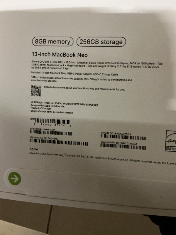 Photo 1 of Apple 2026 MacBook Neo 13-inch Laptop with A18 Pro chip: Built for AI and Apple Intelligence, Liquid Retina Display, 8GB Unified Memory, 256GB SSD Storage, 1080p FaceTime HD Camera; Indigo