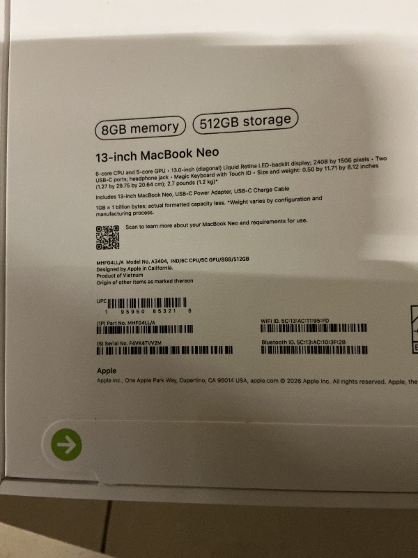 Photo 1 of Apple 2026 MacBook Neo 13-inch Laptop with A18 Pro chip: Built for AI and Apple Intelligence, Liquid Retina Display, 8GB Unified Memory, 512GB SSD Storage, 1080p FaceTime HD Camera, Touch ID; Indigo