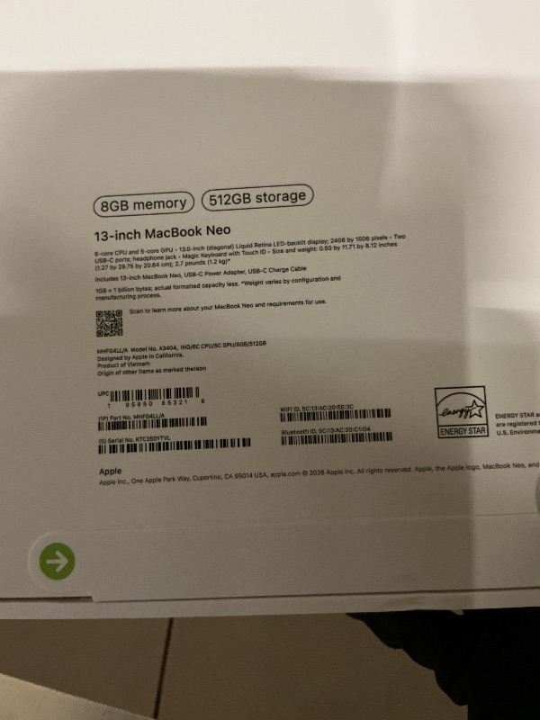 Photo 1 of Apple 2026 MacBook Neo 13-inch Laptop with A18 Pro chip: Built for AI and Apple Intelligence, Liquid Retina Display, 8GB Unified Memory, 512GB SSD Storage, 1080p FaceTime HD Camera, Touch ID; Indigo