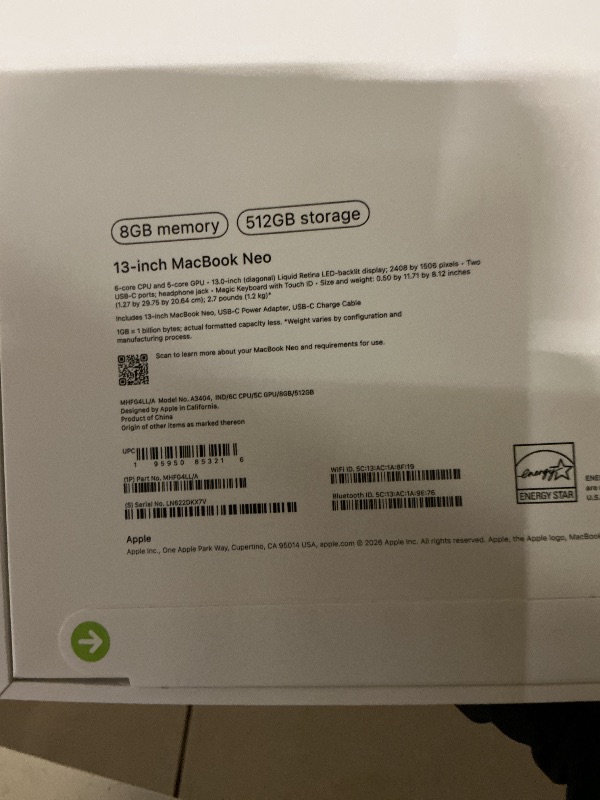 Photo 1 of Apple 2026 MacBook Neo 13-inch Laptop with A18 Pro chip: Built for AI and Apple Intelligence, Liquid Retina Display, 8GB Unified Memory, 512GB SSD Storage, 1080p FaceTime HD Camera, Touch ID; Indigo