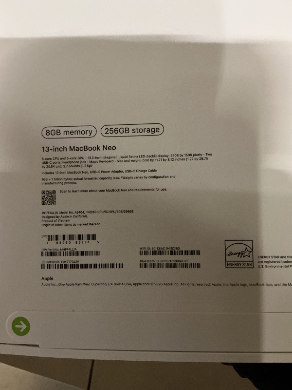 Photo 1 of Apple 2026 MacBook Neo 13-inch Laptop with A18 Pro chip: Built for AI and Apple Intelligence, Liquid Retina Display, 8GB Unified Memory, 256GB SSD Storage, 1080p FaceTime HD Camera; Indigo