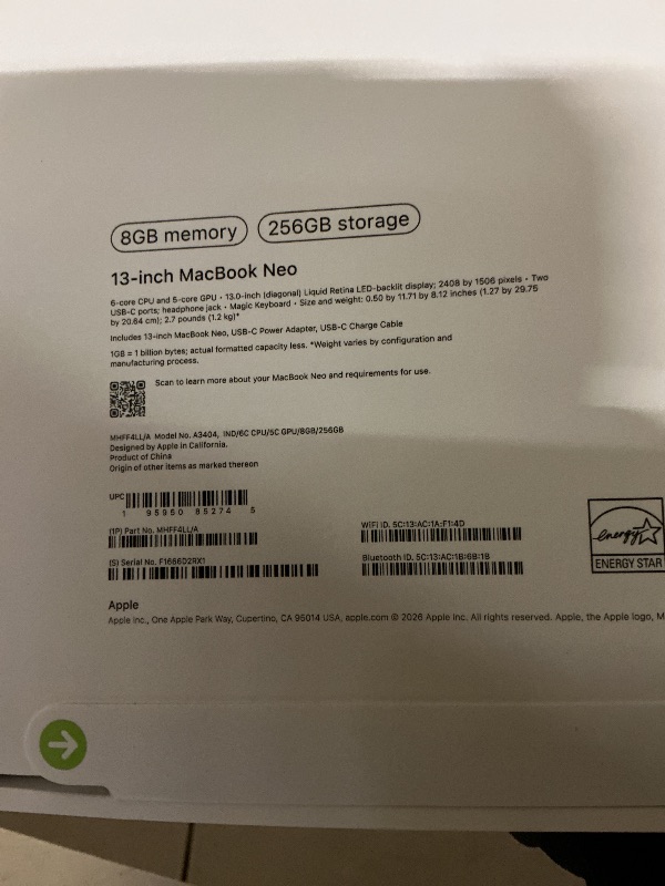 Photo 1 of Apple 2026 MacBook Neo 13-inch Laptop with A18 Pro chip: Built for AI and Apple Intelligence, Liquid Retina Display, 8GB Unified Memory, 256GB SSD Storage, 1080p FaceTime HD Camera; Indigo