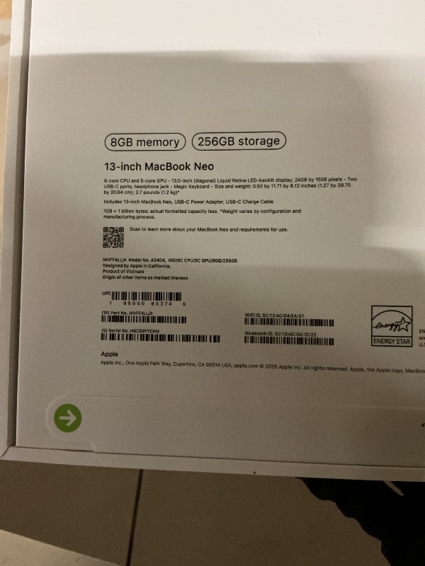 Photo 1 of Apple 2026 MacBook Neo 13-inch Laptop with A18 Pro chip: Built for AI and Apple Intelligence, Liquid Retina Display, 8GB Unified Memory, 256GB SSD Storage, 1080p FaceTime HD Camera; Indigo