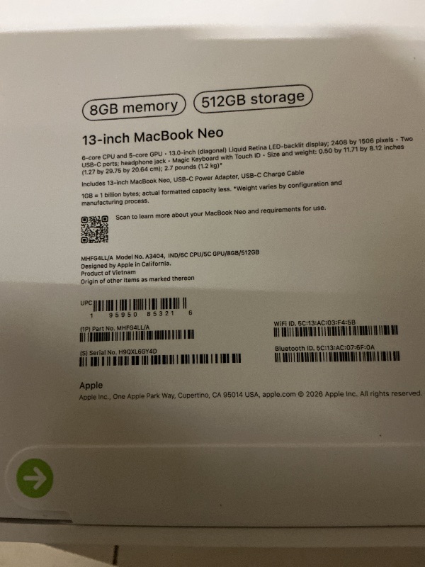 Photo 1 of Apple 2026 MacBook Neo 13-inch Laptop with A18 Pro chip: Built for AI and Apple Intelligence, Liquid Retina Display, 8GB Unified Memory, 512GB SSD Storage, 1080p FaceTime HD Camera, Touch ID; Indigo