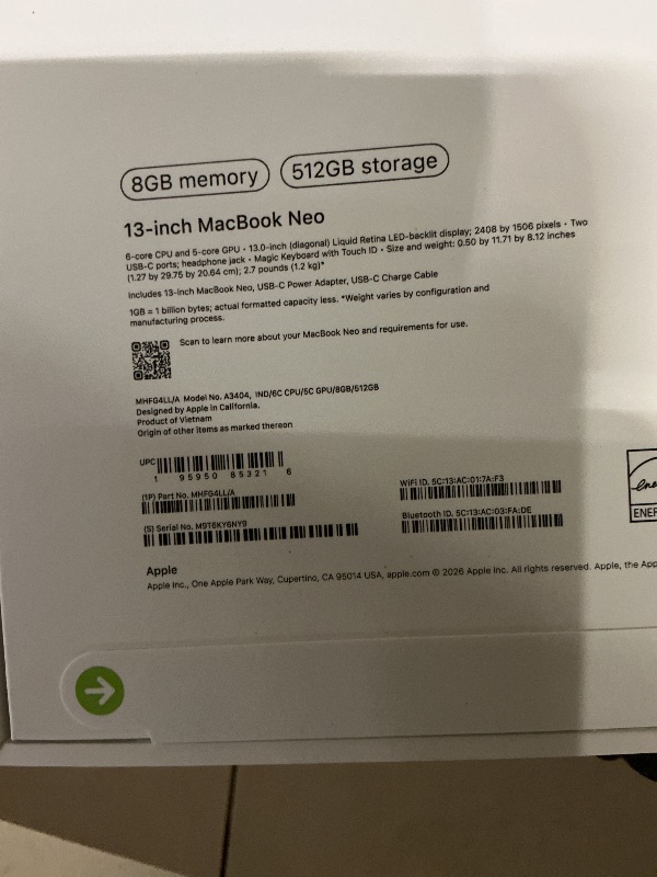 Photo 1 of Apple 2026 MacBook Neo 13-inch Laptop with A18 Pro chip: Built for AI and Apple Intelligence, Liquid Retina Display, 8GB Unified Memory, 512GB SSD Storage, 1080p FaceTime HD Camera, Touch ID; Indigo