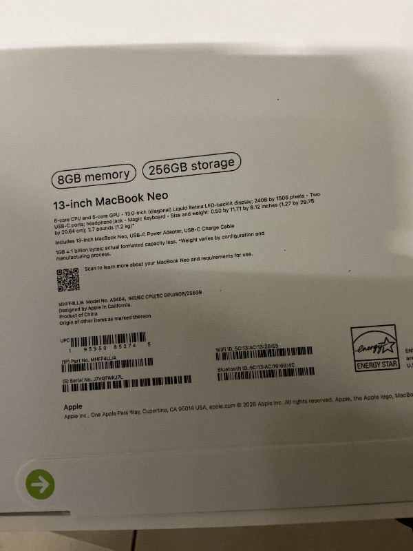 Photo 1 of Apple 2026 MacBook Neo 13-inch Laptop with A18 Pro chip: Built for AI and Apple Intelligence, Liquid Retina Display, 8GB Unified Memory, 256GB SSD Storage, 1080p FaceTime HD Camera; Indigo