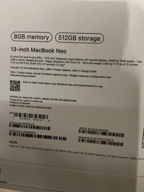Photo 1 of Apple 2026 MacBook Neo 13-inch Laptop with A18 Pro chip: Built for AI and Apple Intelligence, Liquid Retina Display, 8GB Unified Memory, 512GB SSD Storage, 1080p FaceTime HD Camera, Touch ID; Indigo