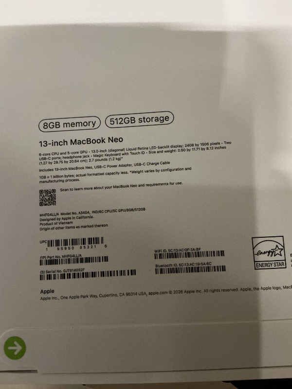 Photo 1 of Apple 2026 MacBook Neo 13-inch Laptop with A18 Pro chip: Built for AI and Apple Intelligence, Liquid Retina Display, 8GB Unified Memory, 512GB SSD Storage, 1080p FaceTime HD Camera, Touch ID; Indigo