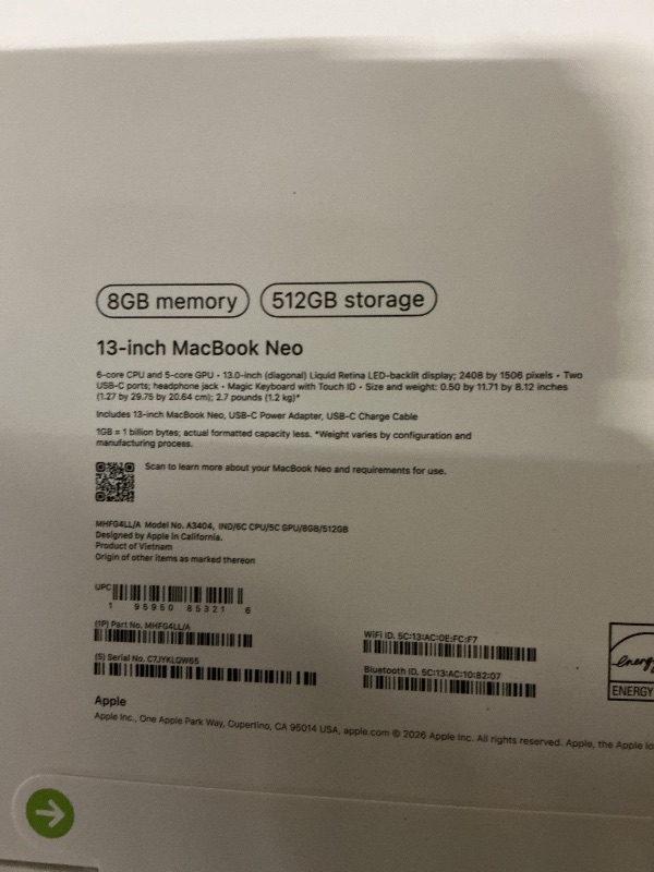 Photo 1 of Apple 2026 MacBook Neo 13-inch Laptop with A18 Pro chip: Built for AI and Apple Intelligence, Liquid Retina Display, 8GB Unified Memory, 512GB SSD Storage, 1080p FaceTime HD Camera, Touch ID; Indigo