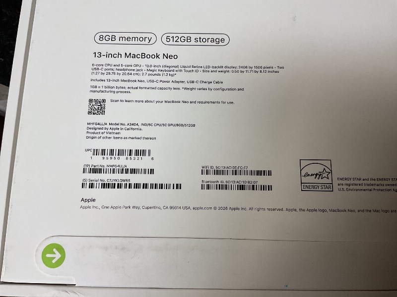 Photo 1 of Apple 2026 MacBook Neo 13-inch Laptop with A18 Pro chip: Built for AI and Apple Intelligence, Liquid Retina Display, 8GB Unified Memory, 512GB SSD Storage, 1080p FaceTime HD Camera, Touch ID; Indigo