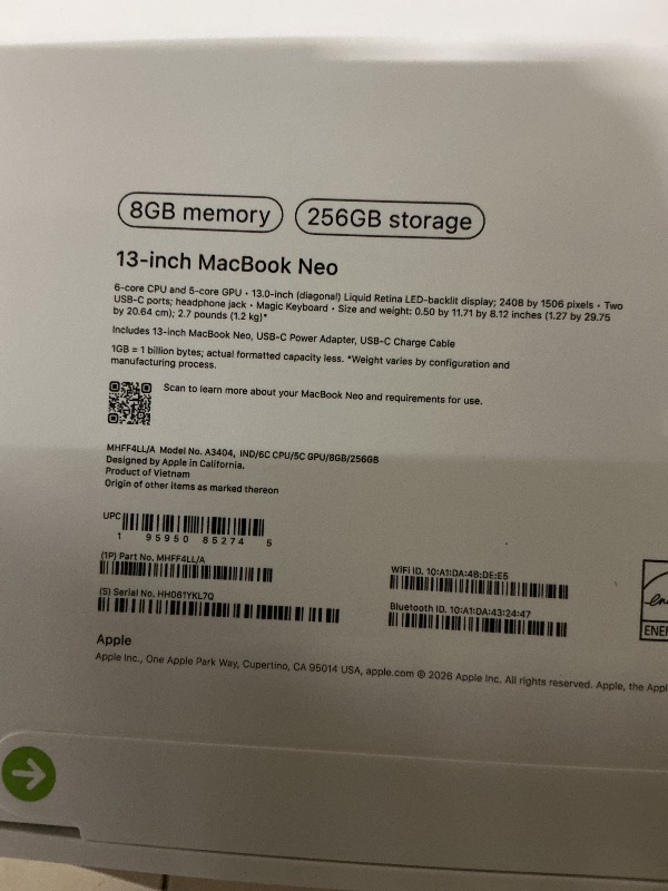 Photo 1 of Apple 2026 MacBook Neo 13-inch Laptop with A18 Pro chip: Built for AI and Apple Intelligence, Liquid Retina Display, 8GB Unified Memory, 256GB SSD Storage, 1080p FaceTime HD Camera; Indigo