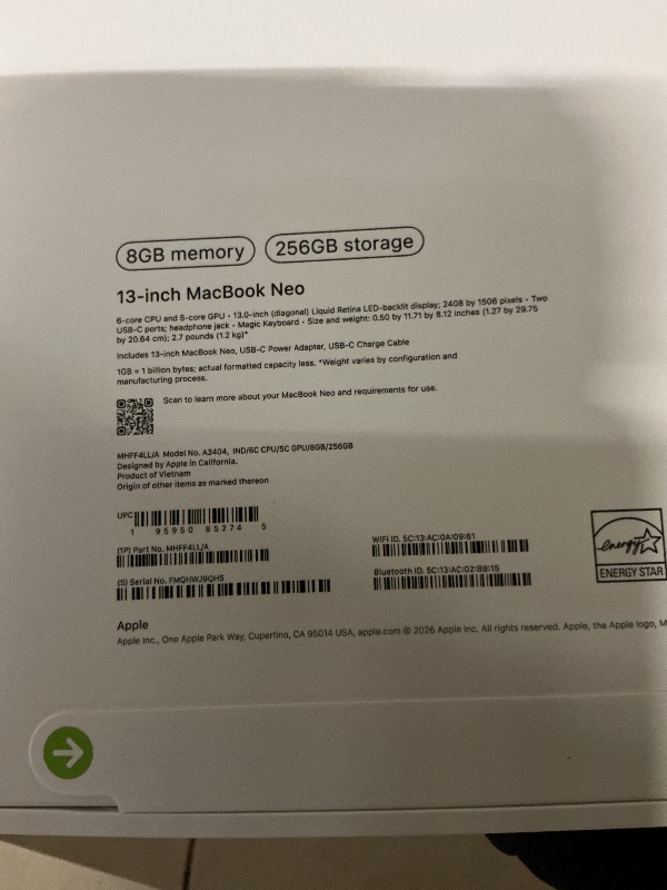 Photo 1 of Apple 2026 MacBook Neo 13-inch Laptop with A18 Pro chip: Built for AI and Apple Intelligence, Liquid Retina Display, 8GB Unified Memory, 256GB SSD Storage, 1080p FaceTime HD Camera; Indigo