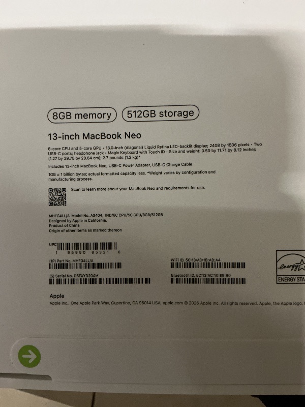 Photo 1 of Apple 2026 MacBook Neo 13-inch Laptop with A18 Pro chip: Built for AI and Apple Intelligence, Liquid Retina Display, 8GB Unified Memory, 512GB SSD Storage, 1080p FaceTime HD Camera, Touch ID; Indigo