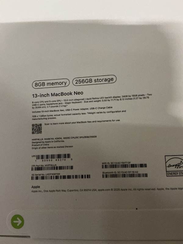 Photo 1 of Apple 2026 MacBook Neo 13-inch Laptop with A18 Pro chip: Built for AI and Apple Intelligence, Liquid Retina Display, 8GB Unified Memory, 256GB SSD Storage, 1080p FaceTime HD Camera; Indigo