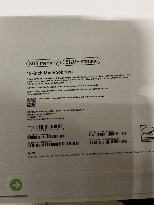 Photo 1 of Apple 2026 MacBook Neo 13-inch Laptop with A18 Pro chip: Built for AI and Apple Intelligence, Liquid Retina Display, 8GB Unified Memory, 512GB SSD Storage, 1080p FaceTime HD Camera, Touch ID; Indigo