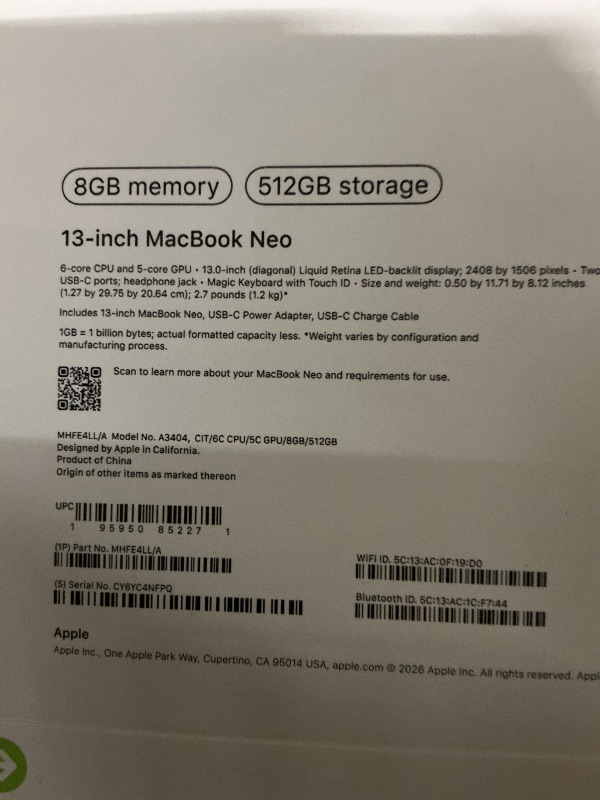 Photo 1 of Apple 2026 MacBook Neo 13-inch Laptop with A18 Pro chip: Built for AI and Apple Intelligence, Liquid Retina Display, 8GB Unified Memory, 512GB SSD Storage, 1080p FaceTime HD Camera, Touch ID; Citrus