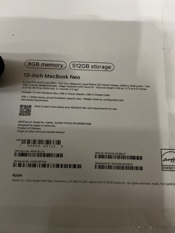 Photo 1 of Apple 2026 MacBook Neo 13-inch Laptop with A18 Pro chip: Built for AI and Apple Intelligence, Liquid Retina Display, 8GB Unified Memory, 512GB SSD Storage, 1080p FaceTime HD Camera, Touch ID; Silver