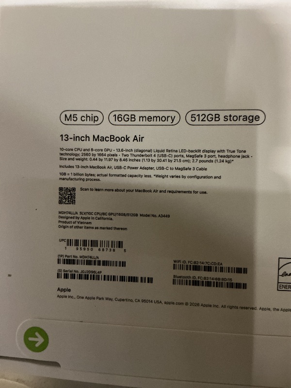 Photo 1 of Apple 2026 MacBook Air 13-inch Laptop with M5 chip: Built for AI, 13.6-inch Liquid Retina Display, 16GB Unified Memory, 512GB SSD, 12MP Center Stage Camera, Touch ID, Wi-Fi 7; Silver