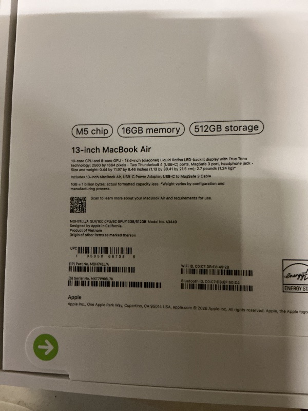 Photo 1 of Apple 2026 MacBook Air 13-inch Laptop with M5 chip: Built for AI, 13.6-inch Liquid Retina Display, 16GB Unified Memory, 512GB SSD, 12MP Center Stage Camera, Touch ID, Wi-Fi 7; Silver