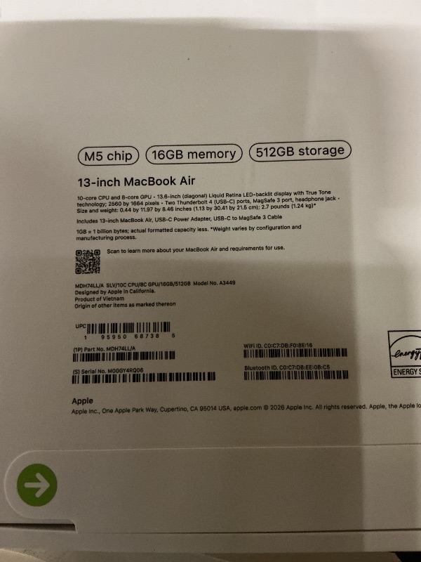 Photo 1 of Apple 2026 MacBook Air 13-inch Laptop with M5 chip: Built for AI, 13.6-inch Liquid Retina Display, 16GB Unified Memory, 512GB SSD, 12MP Center Stage Camera, Touch ID, Wi-Fi 7; Silver