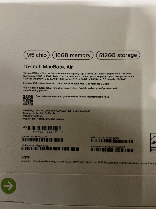 Photo 1 of Apple 2026 MacBook Air 15-inch Laptop with M5 chip: Built for AI, 15.3-inch Liquid Retina Display, 16GB Unified Memory, 512GB SSD, 12MP Center Stage Camera, Touch ID, Wi-Fi 7; Sky Blue