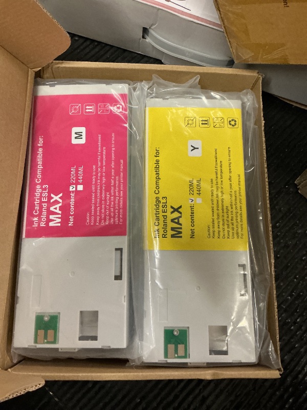 Photo 1 of RumbaRex Compatible for Roland ECO-SOL MAX Ink Cartridge 220ml, ESL3 Ink Cartridges ESL3-CY ESL3-MG ESL3-YE ESL3-BK Ink Cartridges Set 4-Pack (Black, Cyan, Magenta,Yellow)