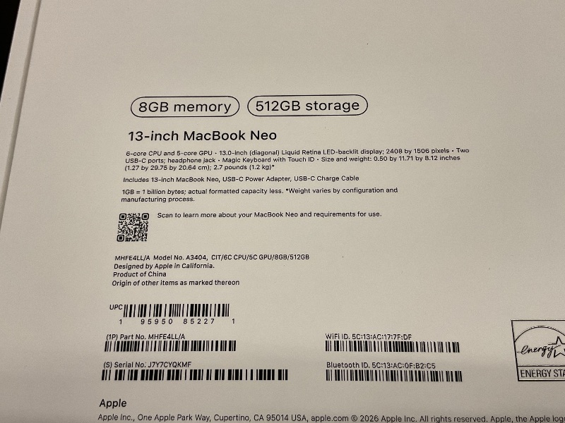 Photo 1 of Apple 2026 MacBook Neo 13-inch Laptop with A18 Pro chip: Built for AI and Apple Intelligence, Liquid Retina Display, 8GB Unified Memory, 512GB SSD Storage, 1080p FaceTime HD Camera, Touch ID; Citrus