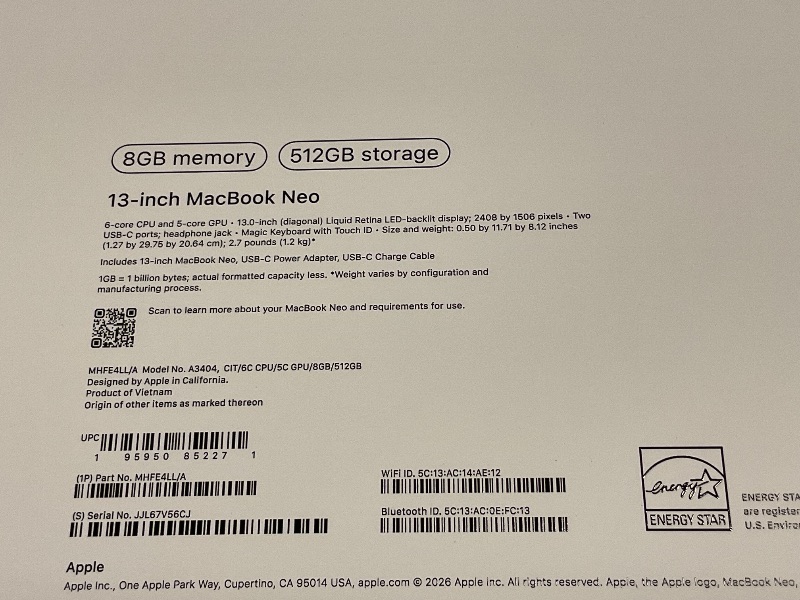 Photo 1 of Apple 2026 MacBook Neo 13-inch Laptop with A18 Pro chip: Built for AI and Apple Intelligence, Liquid Retina Display, 8GB Unified Memory, 512GB SSD Storage, 1080p FaceTime HD Camera, Touch ID; Citrus