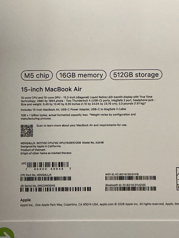 Photo 1 of FACTORY SEALED—  Apple 2026 MacBook Air 15-inch Laptop with M5 chip: Built for AI, 15.3-inch Liquid Retina Display, 16GB Unified Memory, 512GB SSD, 12MP Center Stage Camera, Touch ID, Wi-Fi 7; Sky Blue