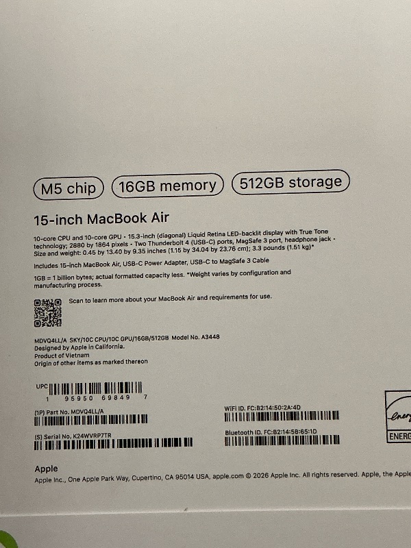 Photo 1 of FACTORY SEALED— Apple 2026 MacBook Air 15-inch Laptop with M5 chip: Built for AI, 15.3-inch Liquid Retina Display, 16GB Unified Memory, 512GB SSD, 12MP Center Stage Camera, Touch ID, Wi-Fi 7; Sky Blue