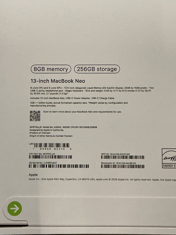 Photo 1 of Apple 2026 MacBook Neo 13-inch Laptop with A18 Pro chip: Built for AI and Apple Intelligence, Liquid Retina Display, 8GB Unified Memory, 256GB SSD Storage, 1080p FaceTime HD Camera; Indigo