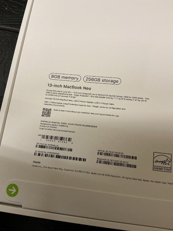 Photo 1 of Apple 2026 MacBook Neo 13-inch Laptop with A18 Pro chip: Built for AI and Apple Intelligence, Liquid Retina Display, 8GB Unified Memory, 256GB SSD Storage, 1080p FaceTime HD Camera; Silver