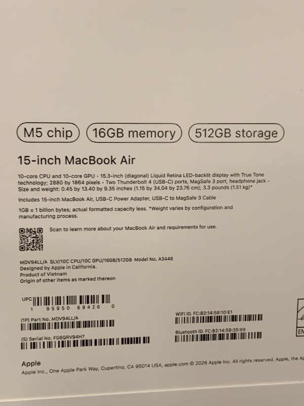 Photo 1 of Apple 2026 MacBook Air 15-inch Laptop with M5 chip: Built for AI, 15.3-inch Liquid Retina Display, 16GB Unified Memory, 512GB SSD, 12MP Center Stage Camera, Touch ID, Wi-Fi 7; Silver