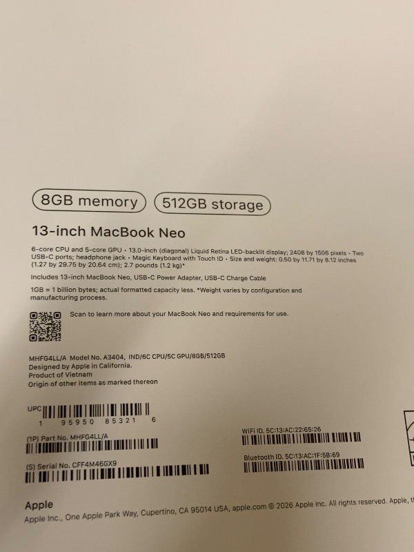Photo 1 of Apple 2026 MacBook Neo 13-inch Laptop with A18 Pro chip: Built for AI and Apple Intelligence, Liquid Retina Display, 8GB Unified Memory, 512GB SSD Storage, 1080p FaceTime HD Camera, Touch ID; Indigo