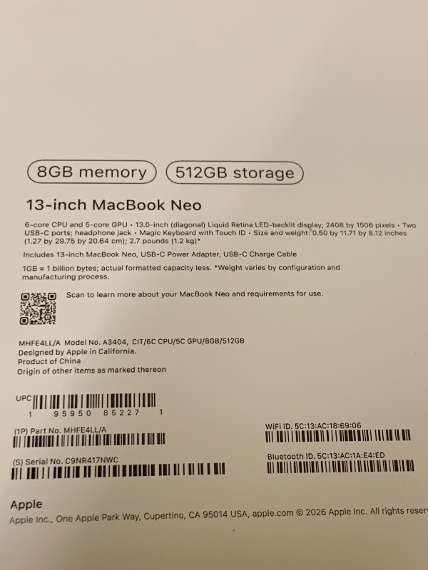 Photo 1 of Apple 2026 MacBook Neo 13-inch Laptop with A18 Pro chip: Built for AI and Apple Intelligence, Liquid Retina Display, 8GB Unified Memory, 512GB SSD Storage, 1080p FaceTime HD Camera, Touch ID; Citrus