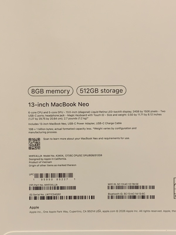Photo 1 of Apple 2026 MacBook Neo 13-inch Laptop with A18 Pro chip: Built for AI and Apple Intelligence, Liquid Retina Display, 8GB Unified Memory, 512GB SSD Storage, 1080p FaceTime HD Camera, Touch ID; Citrus