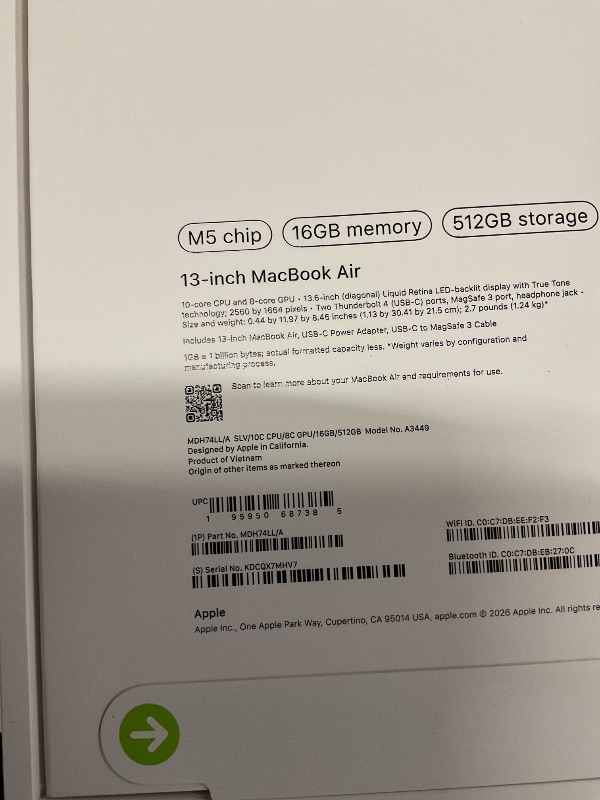 Photo 1 of FACTORY SEALED—- Apple 2026 MacBook Air 13-inch Laptop with M5 chip: Built for AI, 13.6-inch Liquid Retina Display, 16GB Unified Memory, 512GB SSD, 12MP Center Stage Camera, Touch ID, Wi-Fi 7; Silver
