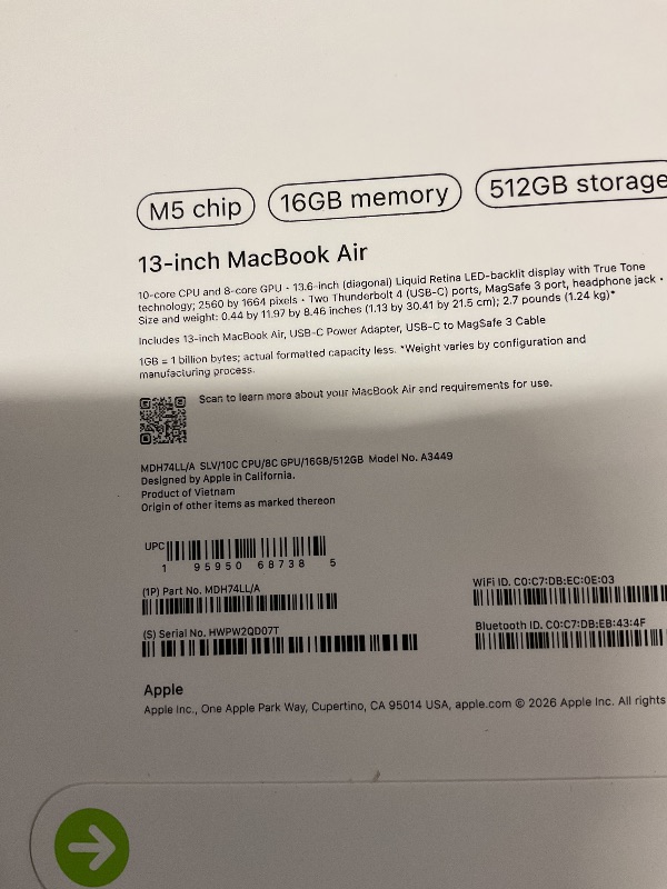 Photo 1 of FACTORY SEALED—- Apple 2026 MacBook Air 13-inch Laptop with M5 chip: Built for AI, 13.6-inch Liquid Retina Display, 16GB Unified Memory, 512GB SSD, 12MP Center Stage Camera, Touch ID, Wi-Fi 7; Silver
